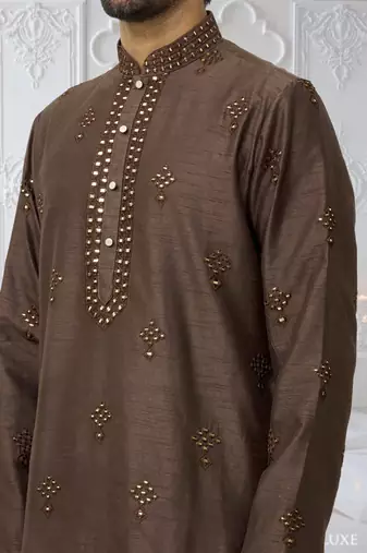 Men's brown embroidered kurta pajama