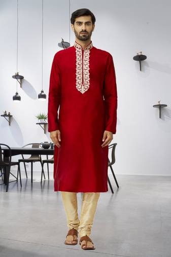 Men's maroon embroidered kurta pajama