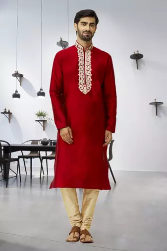 Men's maroon embroidered kurta pajama