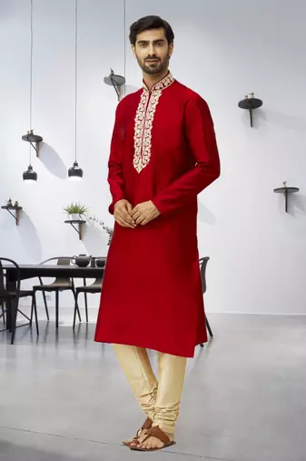 Men's maroon embroidered kurta pajama