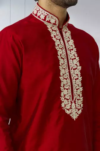 Men's maroon embroidered kurta pajama