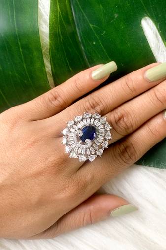 I jewels cz american diamond stylish floral shape dazzling adjustable brass finger ring (fl246zbl)