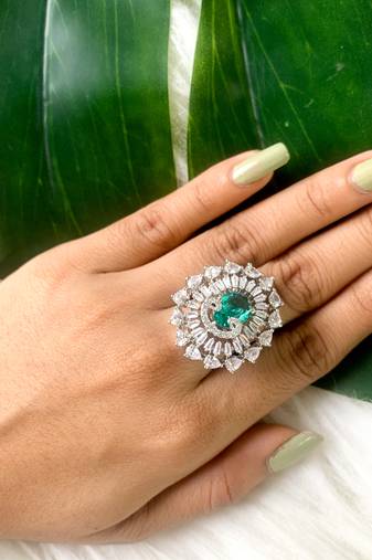 I jewels cz american diamond stylish floral shape dazzling adjustable brass finger ring (fl246zg)
