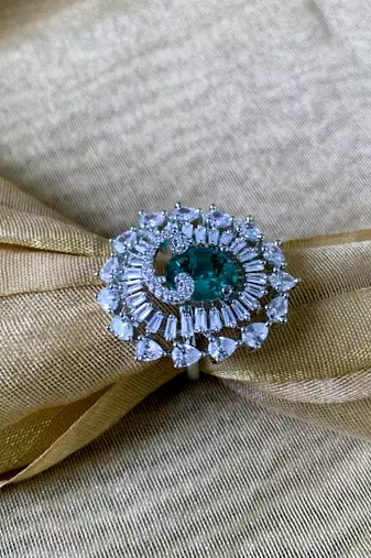 I jewels cz american diamond stylish floral shape dazzling adjustable brass finger ring 