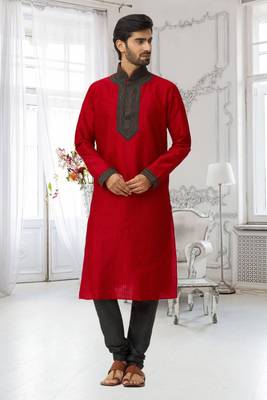 Men's red embroidered kurta pajama 2