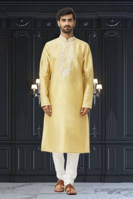 Men's yellow embroidered kurta pajama 1
