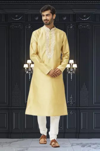 Men's yellow embroidered kurta pajama
