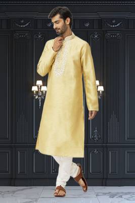 Men's yellow embroidered kurta pajama 3