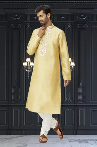 Men's yellow embroidered kurta pajama