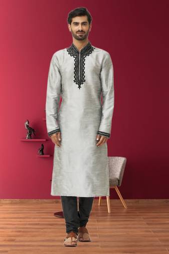 Men's light grey embroidered kurta pajama