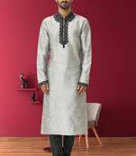 Men's light grey embroidered kurta pajama