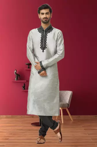 Men's light grey embroidered kurta pajama