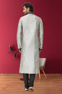 Men's light grey embroidered kurta pajama 5