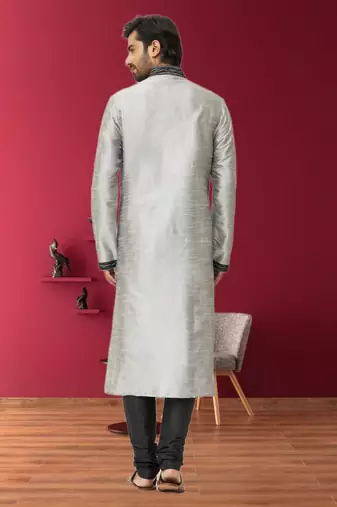 Men's light grey embroidered kurta pajama