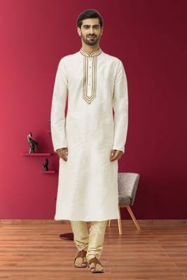 Men's off white embroidered kurta pajama 1