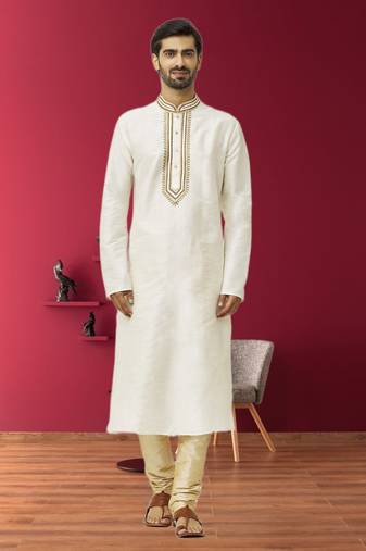 Men's off white embroidered kurta pajama