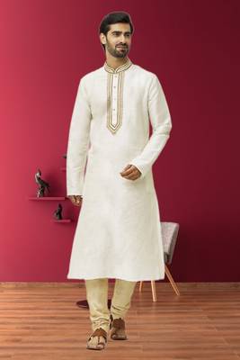 Men's off white embroidered kurta pajama 2