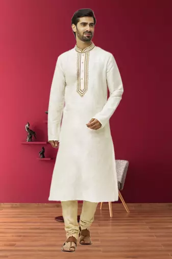 Men's off white embroidered kurta pajama