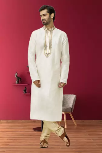 Men's off white embroidered kurta pajama