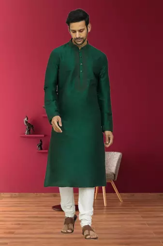 Men's dark green embroidered kurta pajama