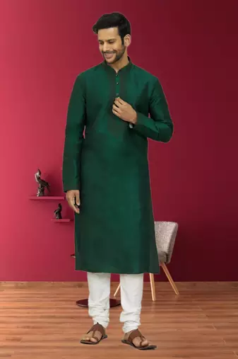 Men's dark green embroidered kurta pajama