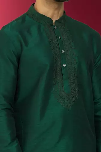 Men's dark green embroidered kurta pajama