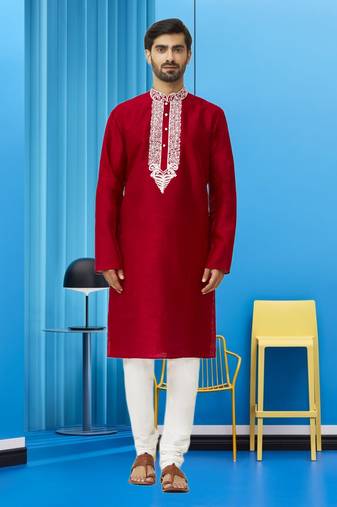 Men's maroon embroidered kurta pajama