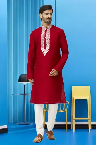 Men's maroon embroidered kurta pajama
