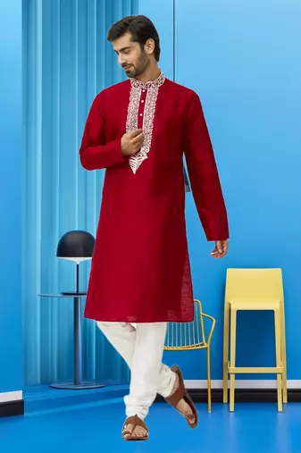 Men's maroon embroidered kurta pajama