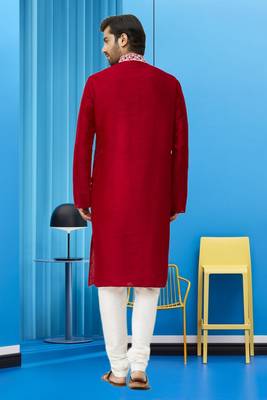 Men's maroon embroidered kurta pajama 5