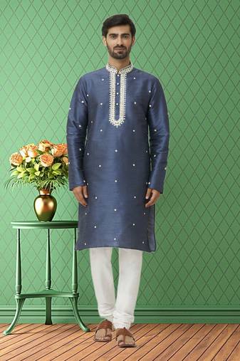 Men's grey embroidered kurta pajama