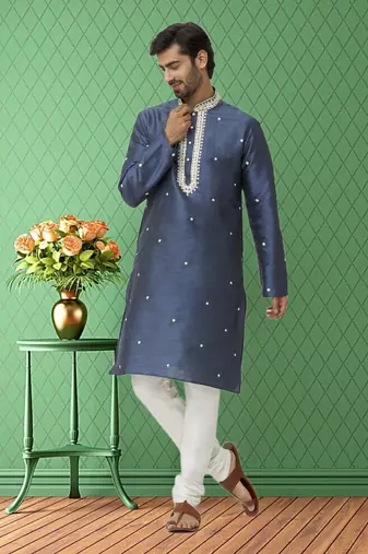 Men's grey embroidered kurta pajama