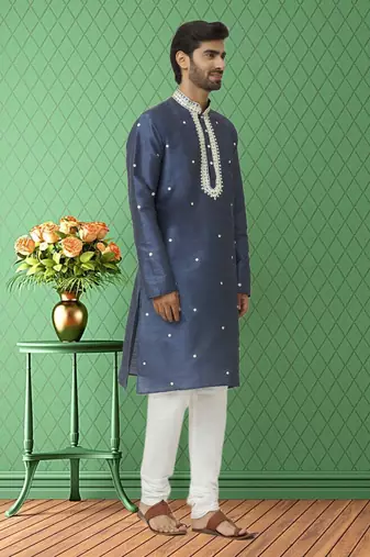 Men's grey embroidered kurta pajama