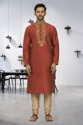 Men's rusty brown embroidered kurta pajama 1