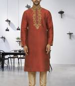 Men's rusty brown embroidered kurta pajama