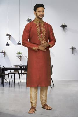 Men's rusty brown embroidered kurta pajama 2