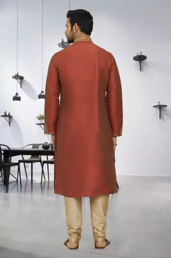 Men's rusty brown embroidered kurta pajama