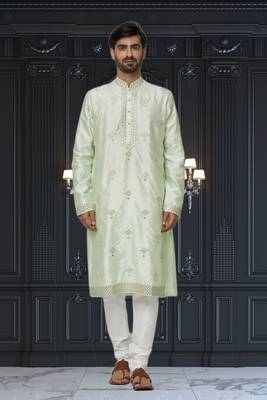 Men's pista green embroidered kurta pajama 1
