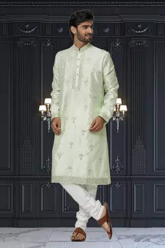 Men's pista green embroidered kurta pajama