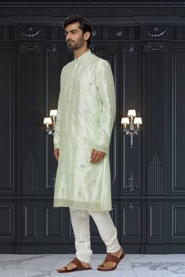 Men's pista green embroidered kurta pajama 3