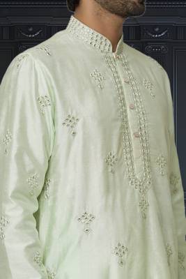 Men's pista green embroidered kurta pajama 4