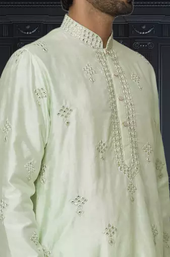 Men's pista green embroidered kurta pajama