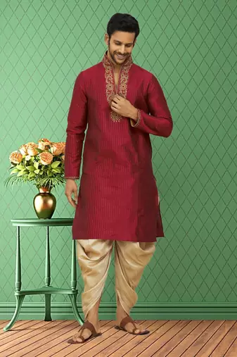 Men's maroon embroidered kurta patiala