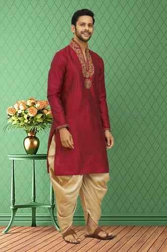 Men's maroon embroidered kurta patiala