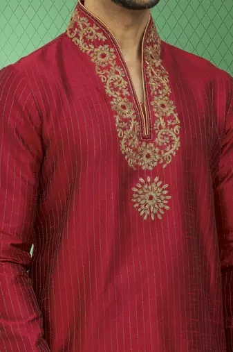 Men's maroon embroidered kurta patiala