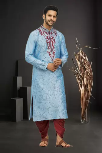 Men's sky blue embroidered kurta patiala