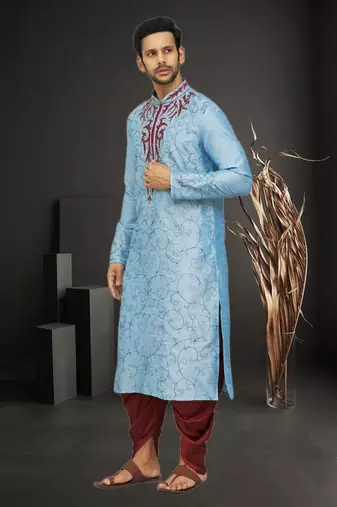Men's sky blue embroidered kurta patiala