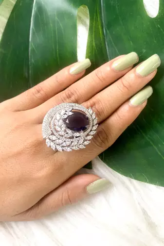 I jewels stylish latest fashion blue stone dazzling cubic zirconia embellihsed brass adjustable finger ring