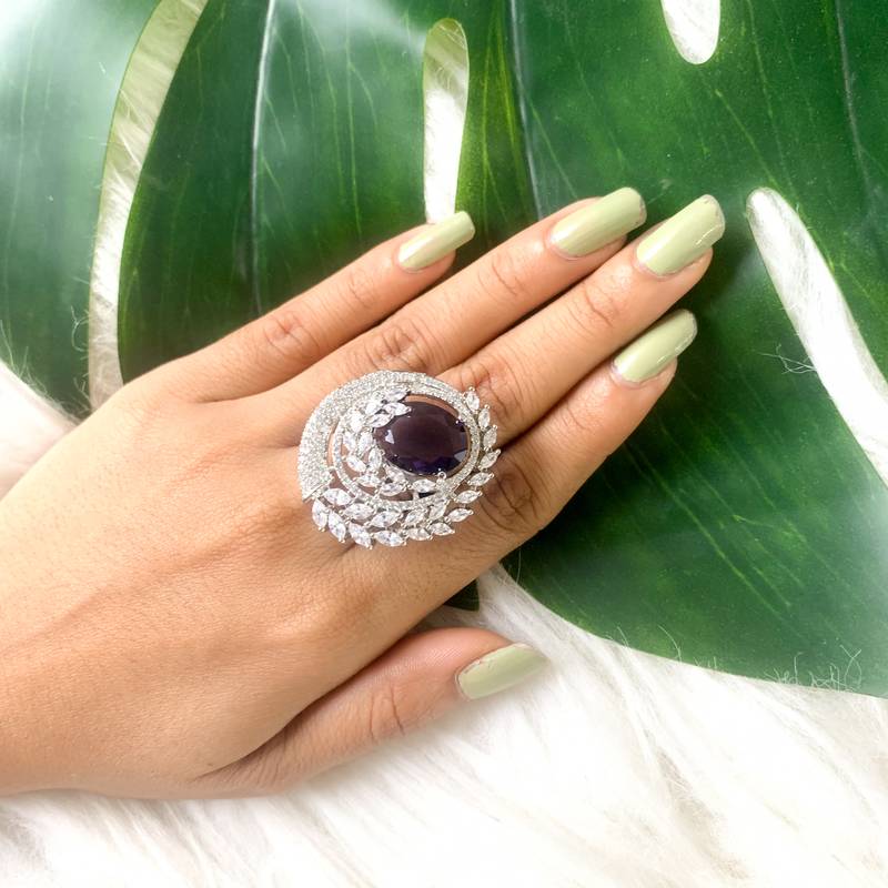 I jewels stylish latest fashion blue stone dazzling cubic zirconia embellihsed brass adjustable finger ring