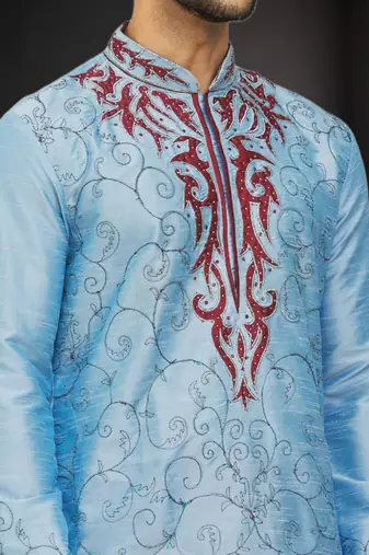 Men's sky blue embroidered kurta patiala